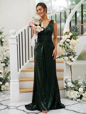 Elegant Dark Green V-Neck Sleeveless Sequins Bridesmaid Dresses_2