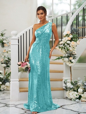 Elegant Dark Green Sequins Floor-Length One-Shoulder Sleeveless Bridesmaid Dresses_22