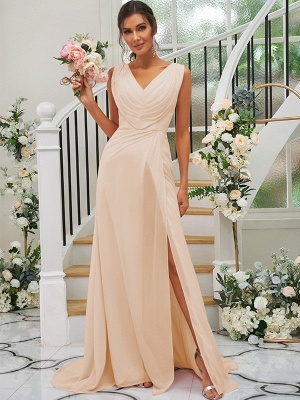 Simple Pink Floor-Length V-Neck Chiffon Bridesmaid Dresses with Ruffles_33