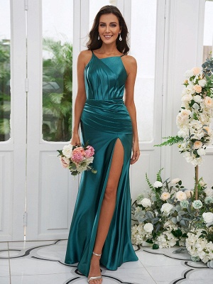 Elegant Dark Green Spaghetti Straps Front-Split Backless Sleeveless Satin Bridesmaid Dresses_2
