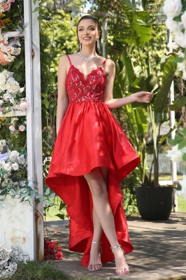 Unique Red Spaghetti Straps Sleeveless A-Line Prom Dresses with Lace_1
