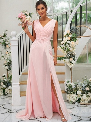 Simple Pink Floor-Length V-Neck Chiffon Bridesmaid Dresses with Ruffles_35