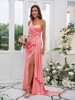 Simple Pink Front-Split One Shoulder Sleeveless Satin Bridesmaid Dresses with Ruffles_32