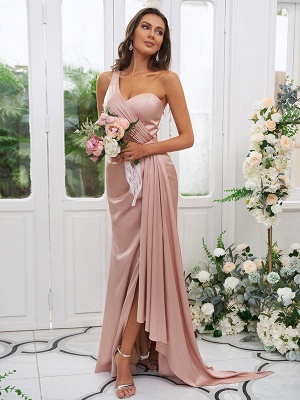 Simple Pink Front-Split One Shoulder Sleeveless Satin Bridesmaid Dresses with Ruffles_2