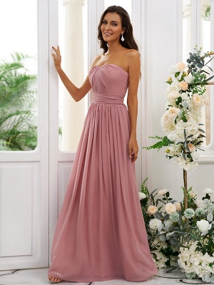 Elegant Pink Strapless Sleeveless Floor-Length A-Line Chiffon Bridesmaid Dresses with Ruffles_2
