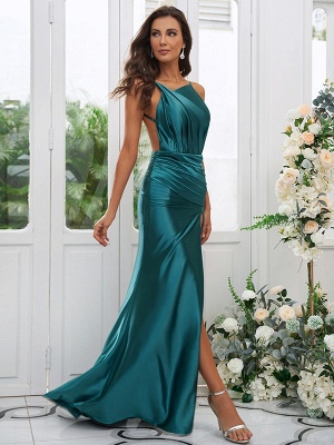 Elegant Dark Green Spaghetti Straps Front-Split Backless Sleeveless Satin Bridesmaid Dresses_4