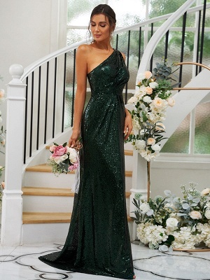 Elegant Dark Green Sequins Floor-Length One-Shoulder Sleeveless Bridesmaid Dresses_2