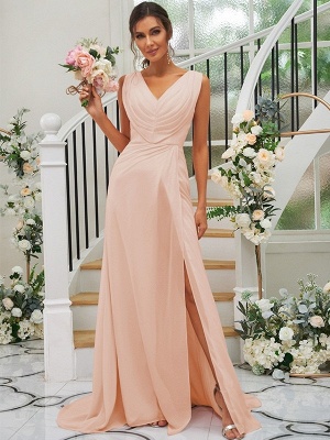 Simple Pink Floor-Length V-Neck Chiffon Bridesmaid Dresses with Ruffles_34