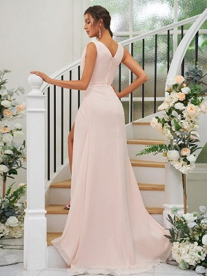 Simple Pink Floor-Length V-Neck Chiffon Bridesmaid Dresses with Ruffles_3