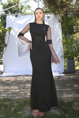Elegant Black Jewel Long-Sleeves Mermaid Satin Prom Dresses_1