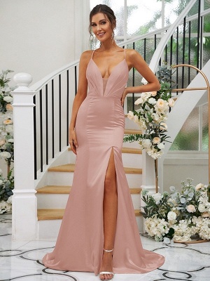 Elegant Pink Floor-Length Spaghetti Straps Satin Bridesmaid Dresses_27