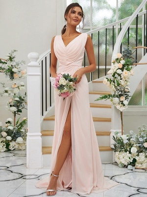 Simple Pink Floor-Length V-Neck Chiffon Bridesmaid Dresses with Ruffles_2