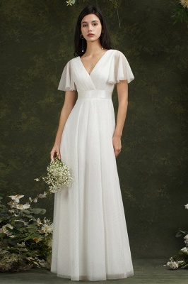 Vintage white V-Neck Short-Sleeves A-Line Floor-Length Tulle Prom Dresses_1