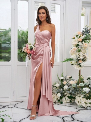Simple Pink Front-Split One Shoulder Sleeveless Satin Bridesmaid Dresses with Ruffles_12