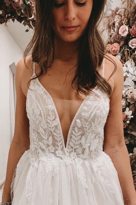 Sexy Spaghetti Straps Sleeveless A-Line Lace Wedding Dresses_3