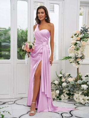 Simple Pink Front-Split One Shoulder Sleeveless Satin Bridesmaid Dresses with Ruffles_20
