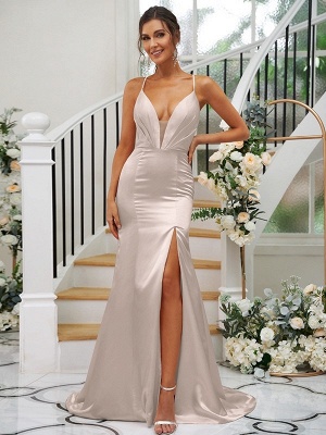 Elegant Pink Floor-Length Spaghetti Straps Satin Bridesmaid Dresses_28