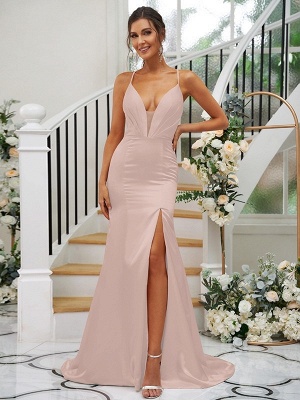 Elegant Pink Floor-Length Spaghetti Straps Satin Bridesmaid Dresses_5