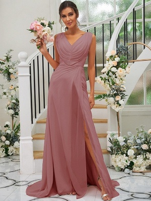 Simple Pink Floor-Length V-Neck Chiffon Bridesmaid Dresses with Ruffles_44