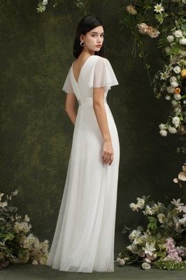Vintage white V-Neck Short-Sleeves A-Line Floor-Length Tulle Prom Dresses_8