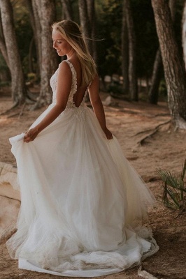 Modest Straps Sleeveless Column Floor-Length Tulle Wedding Dresses with Appliques_4