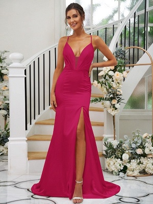 Elegant Pink Floor-Length Spaghetti Straps Satin Bridesmaid Dresses_15