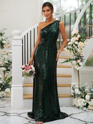 Elegant Dark Green Sequins Floor-Length One-Shoulder Sleeveless Bridesmaid Dresses_1
