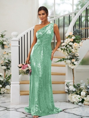 Elegant Dark Green Sequins Floor-Length One-Shoulder Sleeveless Bridesmaid Dresses_10