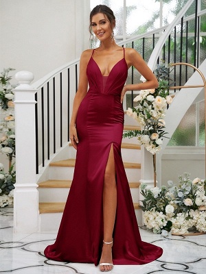 Elegant Pink Floor-Length Spaghetti Straps Satin Bridesmaid Dresses_7