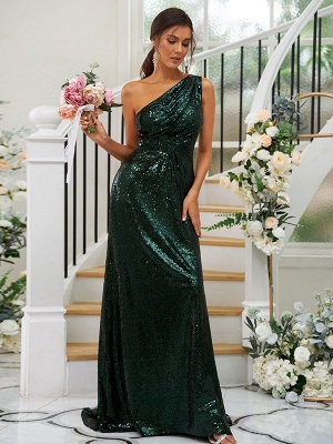 Elegant Dark Green Sequins Floor-Length One-Shoulder Sleeveless Bridesmaid Dresses_4