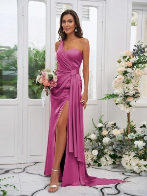 Simple Pink Front-Split One Shoulder Sleeveless Satin Bridesmaid Dresses with Ruffles_22