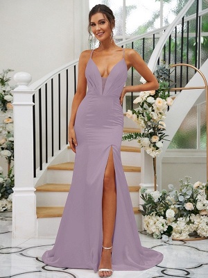 Elegant Pink Floor-Length Spaghetti Straps Satin Bridesmaid Dresses_25