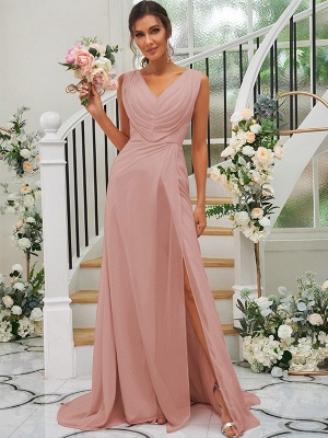 Simple Pink Floor-Length V-Neck Chiffon Bridesmaid Dresses with Ruffles_14
