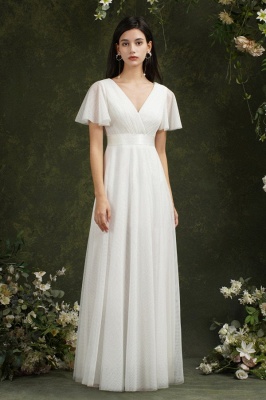 Vintage white V-Neck Short-Sleeves A-Line Floor-Length Tulle Prom Dresses_6