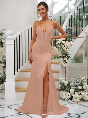 Elegant Pink Floor-Length Spaghetti Straps Satin Bridesmaid Dresses_12