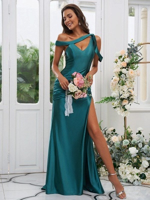 Sexy Dark Green Sleeveless Front-Split V-Neck Satin Bridesmaid Dresses_1