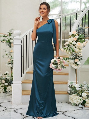 Elegant Blue One Shoulder Sleeveless Satin Bridesmaid Dresses_1