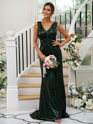 Elegant Dark Green V-Neck Sleeveless Sequins Bridesmaid Dresses_1