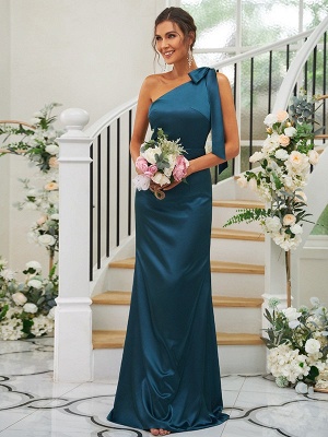 Elegant Blue One Shoulder Sleeveless Satin Bridesmaid Dresses_4