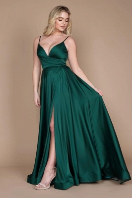 Simple Green Spaghetti Straps Sleeveless Column Satin Prom Dresses with Ruffles_2