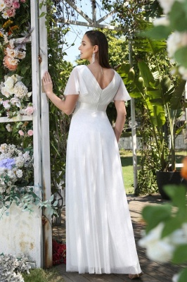 Vintage white V-Neck Short-Sleeves A-Line Floor-Length Tulle Prom Dresses_4