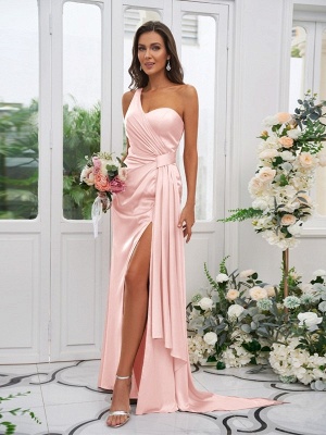 Simple Pink Front-Split One Shoulder Sleeveless Satin Bridesmaid Dresses with Ruffles_24