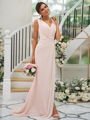 Simple Pink Floor-Length V-Neck Chiffon Bridesmaid Dresses with Ruffles_4