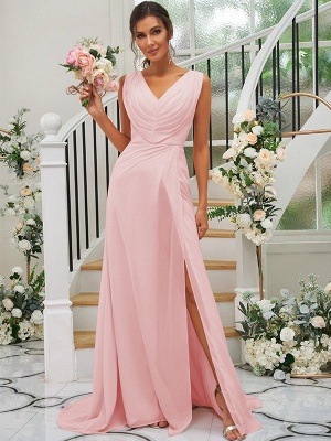 Simple Pink Floor-Length V-Neck Chiffon Bridesmaid Dresses with Ruffles_5