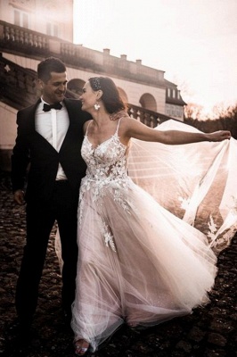 Gorgeous Spaghetti Straps Sleeveless A-Line Tulle Wedding Dresses with Pattern_2