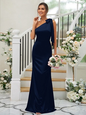 Elegant Blue One Shoulder Sleeveless Satin Bridesmaid Dresses_12