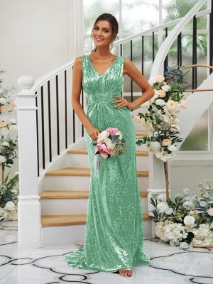 Elegant Dark Green V-Neck Sleeveless Sequins Bridesmaid Dresses_10