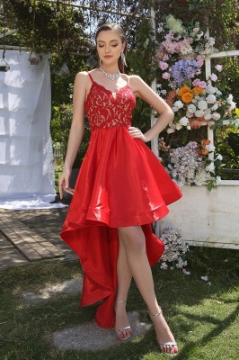 Unique Red Spaghetti Straps Sleeveless A-Line Prom Dresses with Lace_3