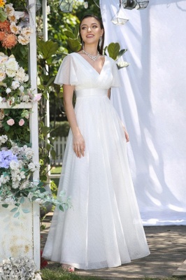 Vintage white V-Neck Short-Sleeves A-Line Floor-Length Tulle Prom Dresses_3