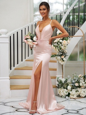 Elegant Pink Floor-Length Spaghetti Straps Satin Bridesmaid Dresses_2
